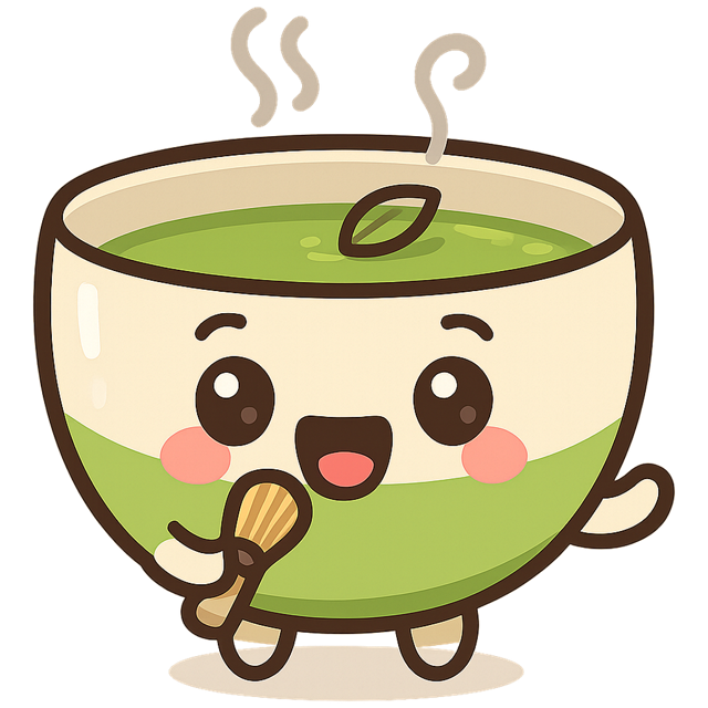 Macchan, the Matcha Chat mascot: a bowl of matcha with a whisk, mid cheer