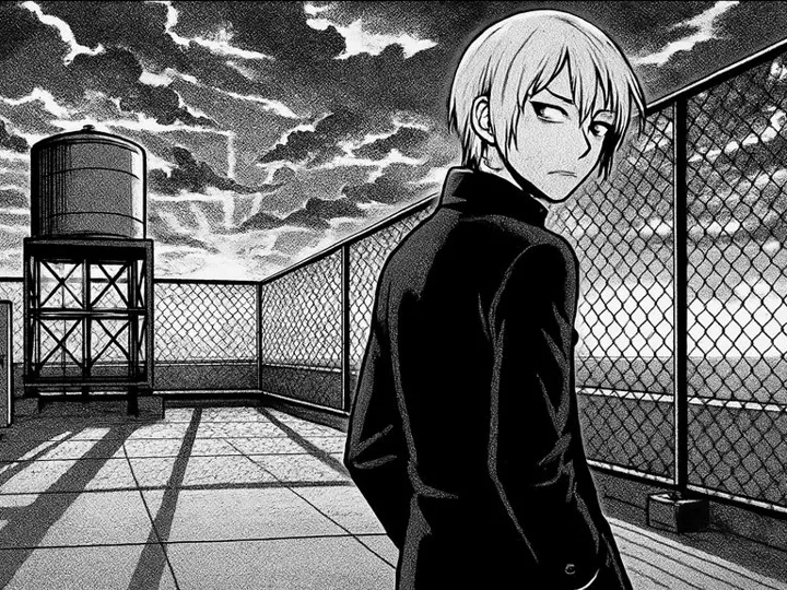 Ren on the rooftop at sunset, turning to face Kai